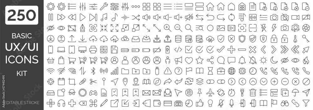Poster big collection of minimalist and simple uxui web icons. set of 250 editable stroke icons. vector ill