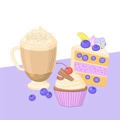 dessert composition01Coffee and dessert illustration. Mug of latte, vanilla blueberry cake and chocolate muffin.