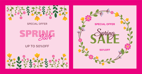 Spring Sale set of banners with flowers on a pink background. 50% off. Floral frame