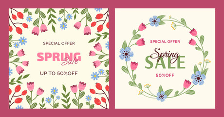 Spring Sale template for banners, flyers, posters. Colorful floral frames and text