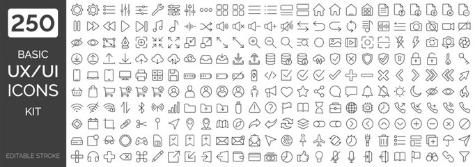 Fototapeta na wymiar Big collection of minimalist and simple UxUi web icons. Set of 250 editable stroke icons. Vector illustrator. Suitable for Web Page, Mobile App, Web, Print.