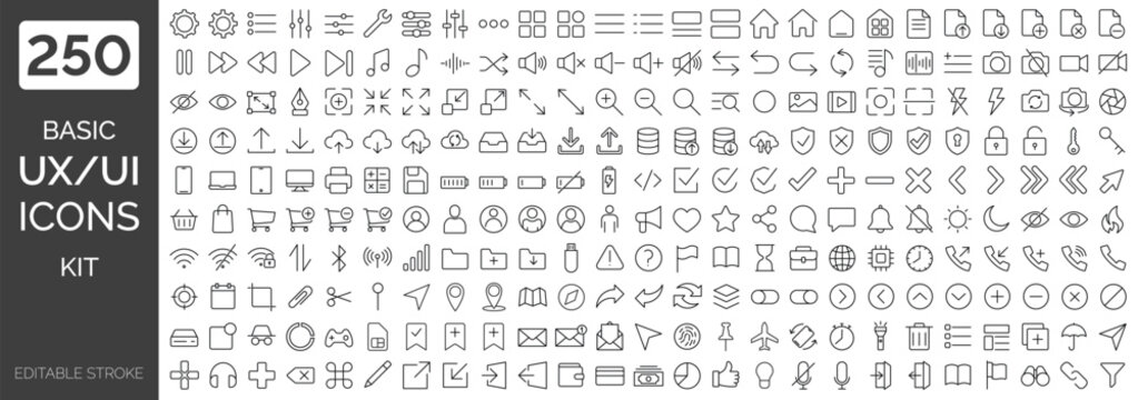 Big collection of minimalist and simple UxUi web icons. Set of 250 editable stroke icons. Vector illustrator. Suitable for Web Page, Mobile App, Web, Print.
