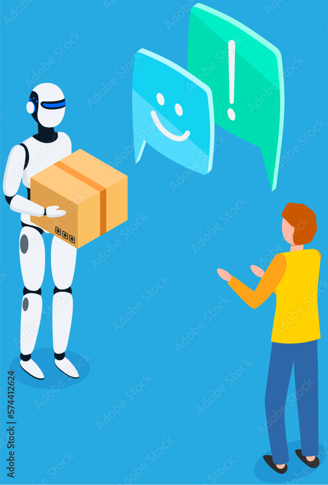 Poster virtual assistance vector concept. robot automatic machine communicating with male customer. persona