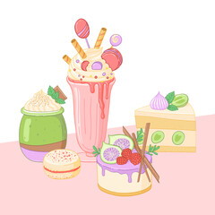 Vector illustartion of sweet dessert and milkshake. Mousse dessert, peace of cake, macaron.
