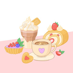 Coffee and dessert illustration. Glace and cappuccino with strawberry roll, basket with custard tart and cookie.