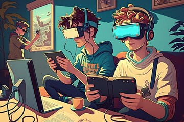 Teenagers using virtual devices to play games.Generative AI.
