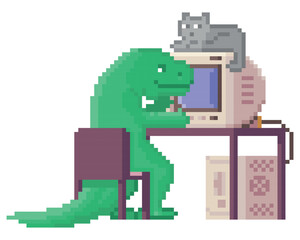 Cute pixel dinosaur, sitting at an old computer.
8 Bit Pixel graphics. Vector illustration isolated on white background.
