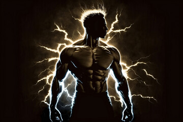 Fototapeta na wymiar The silhouette of a man in lightning flashes emits an inner energy that illuminates his body, Generative Ai