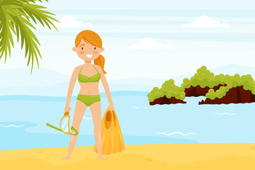 Woman Character with Snorkeling Mask and Flippers at Sea Shore in Vietnam Having Vacation Vector Illustration