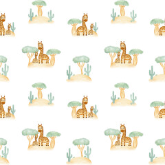Cute giraffes watercolor seamless pattern. Childish hand drawn illustration of african animals in the savannah with trees and cacti. Endless background for wallpaper and fabric.