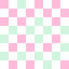 White, pink, and green pastel checkerboard pattern background.