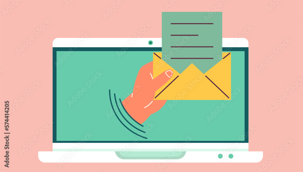 Poster email sending, paper envelope on laptop screen. online chat message notifications with computer, pap