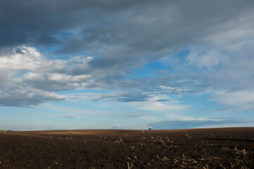 Plowed field under the background of blue sky