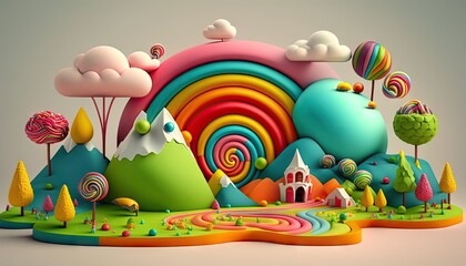 Candyland Dreams: 3D Cute Illustration of Rainbow-Colored Fantasy Landscape Made of Multicolored Candies. Generative AI