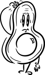 Vector drawing of an avocado with a face, arms and legs, with different emotions. In cartoon style, hand drawn, flat, doodle.Cute, silly, funny, food, healthy, vegetable, plant, character.Silhouette.