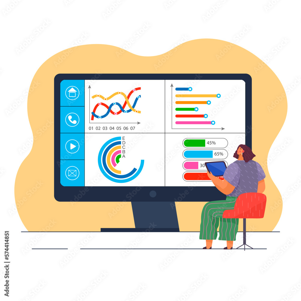 Poster manager testing and analyzing graph reports, business targets, company success at rate scale chart. 