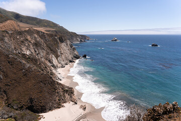A wide landscape view of a beach in the coast of California