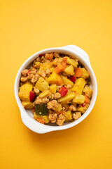 Vegan stew soy meat and vegetables in bowl