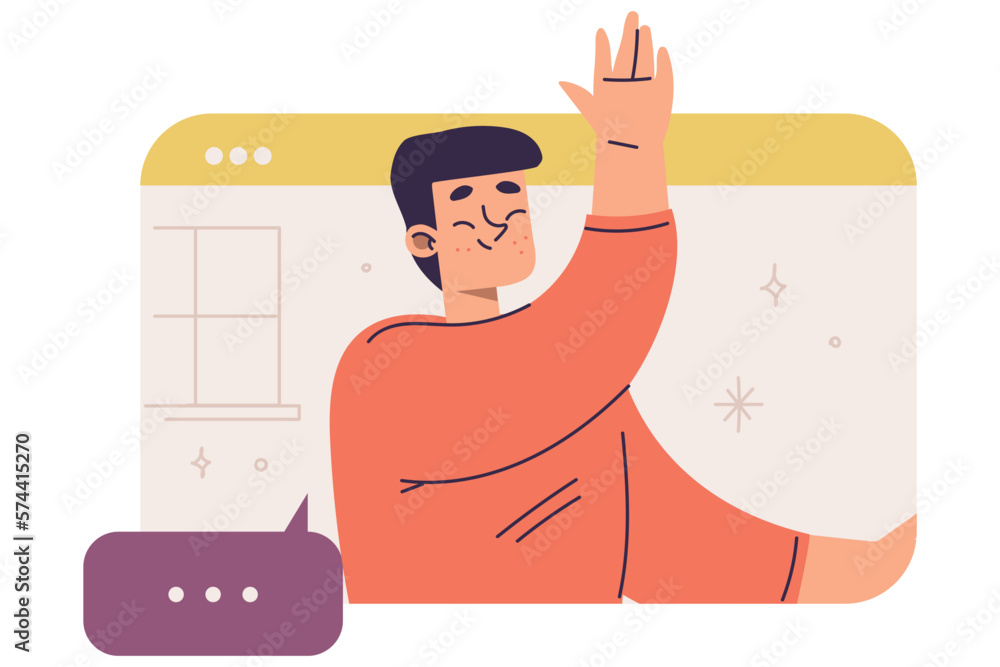Poster virtual communication with man character in web window waving hand talking to somebody vector illust