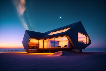 Future architecture, luxury house in fantasy style on the ocean beach, night time