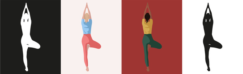 Black and white girls, brunett and black girls doing yoga pilates gymnastics sport fitness in faceless style on black and white and yellow, red background set tamplate