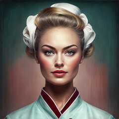 Portrait of a nurse with blond hair. AI generative image