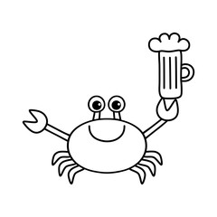 Cheerful crab with beer. Outline of a smiling sea character with a beer mug. Crab waiter. Doodle. Isolated element.