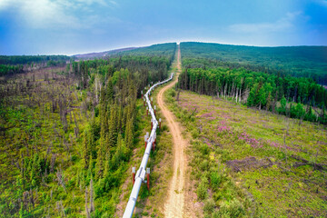Aerial Drone image of The Alaska Pipeline dips underground looking North towards Prudhoe Bay Alaska as it crosses a mountain slope