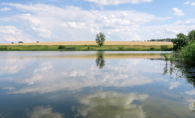 Reflection of the sky with clouds on the shore of a large lake on a sunny summer day.