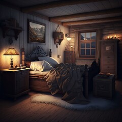 rustic styled bedroom interior design illustration at night