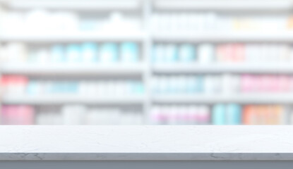 Marble table top counter with blurred clean drug shelf, abstract blur modern pharmacy store interior background, defocused medical clinic with empty space for design 3D illustration