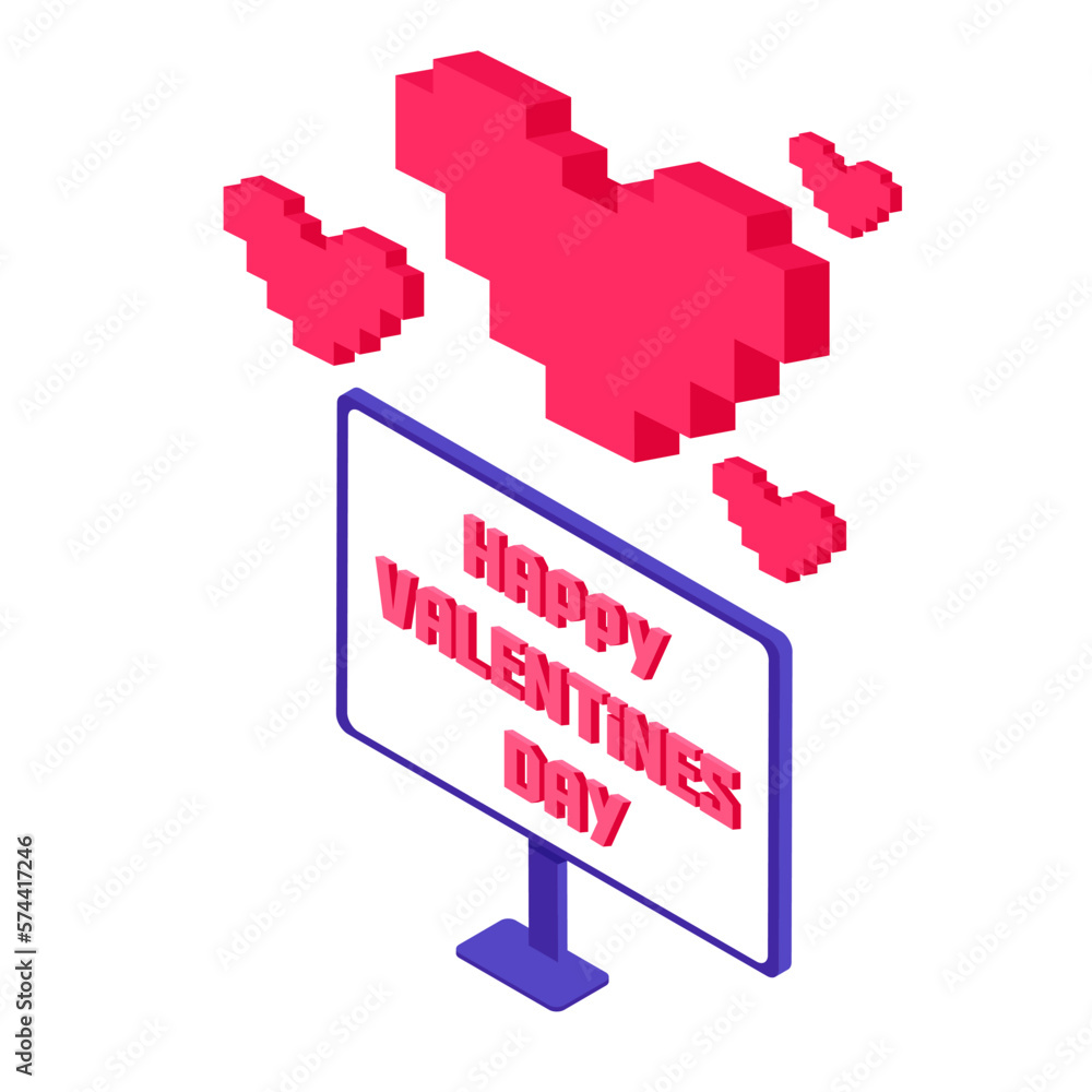 Poster pixel art computer and love message. online love communication using laptop, digital device. valenti