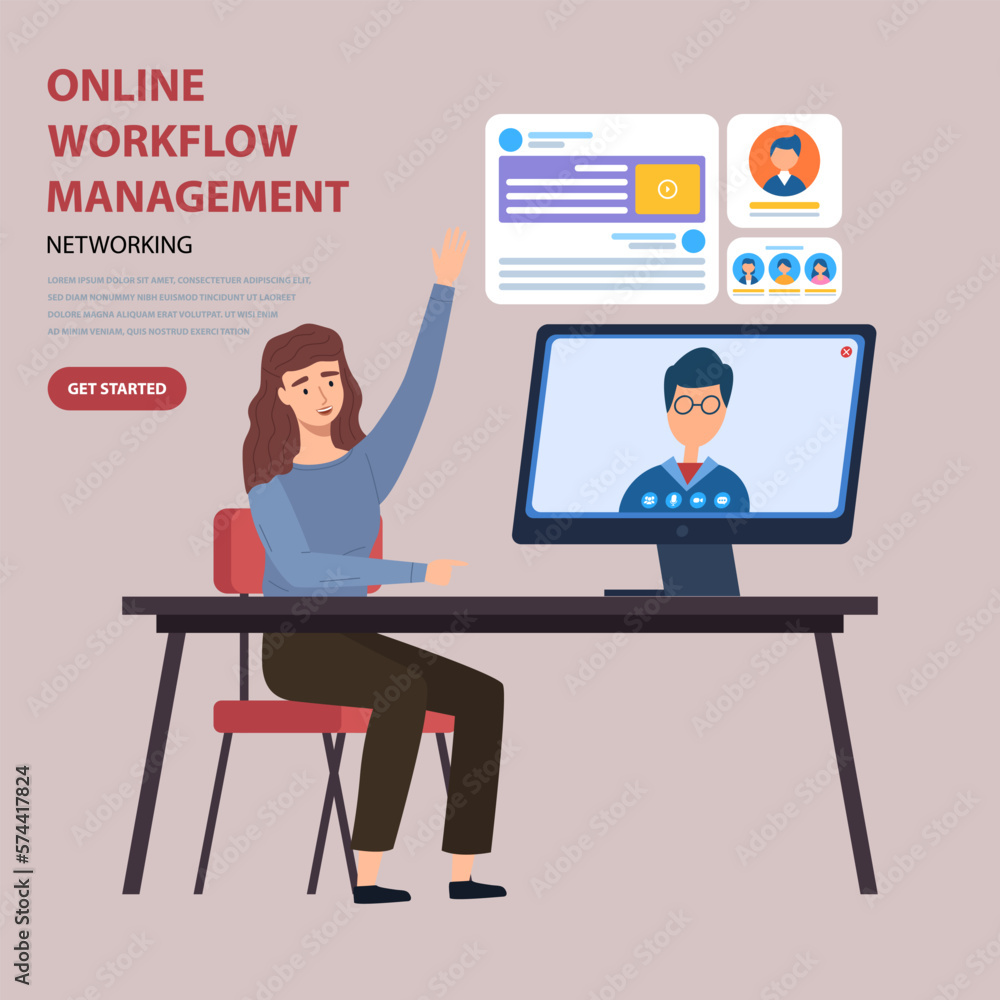 Aufkleber online workflow management, networking concept. woman with laptop working on personal account develo