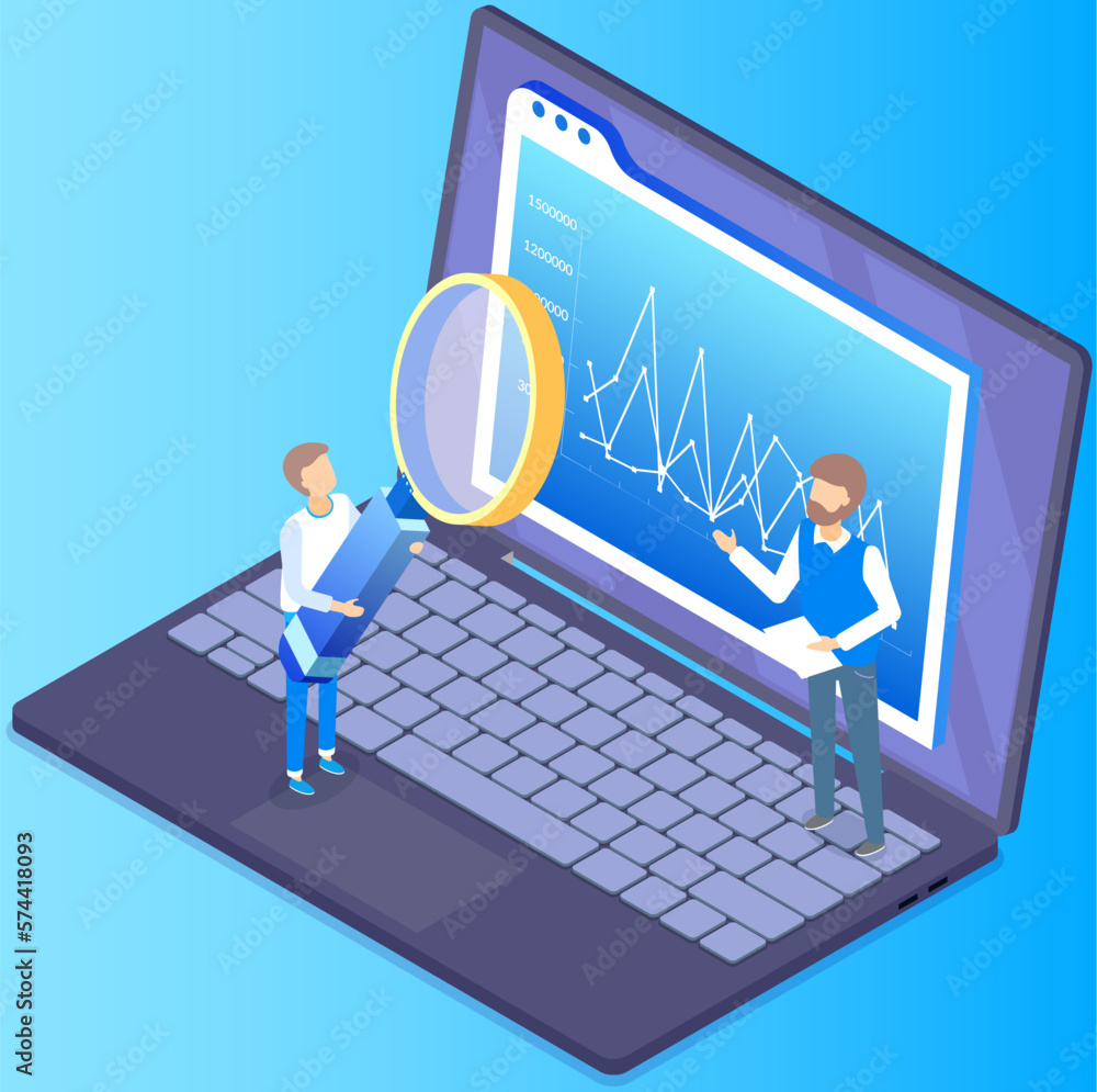 Poster male character searching for information on laptop, using mobile application with magnifying glass, 