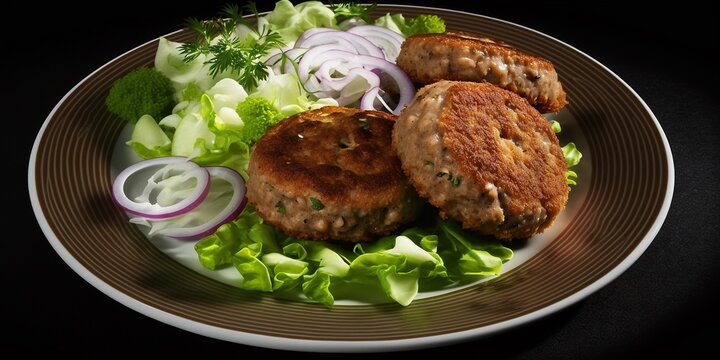 Leckere Frikadellen aus Hackfleisch in gut gew&uuml;rzter So&szlig;e mit Beilagen, ai generativ