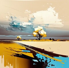 A minimalist oil landscape with a thick texture of paint. Image generative by AI.