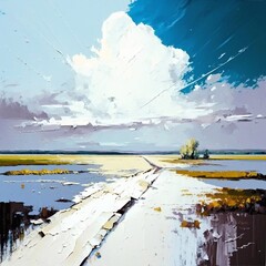 Minimalistic blue and yellow oil landscape with thick paint texture. Image generative by AI.