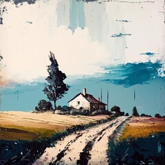 Minimalistic blue oil landscape with a white house, thick paint texture. Image generative by AI.