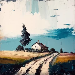 Papier Peint photo Inspiration picturale Minimalistic blue oil landscape with a white house, thick paint texture. Image generative by AI.
