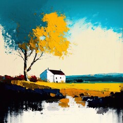 Minimalist blue and yellow oil landscape with thick paint texture. Image generative by AI