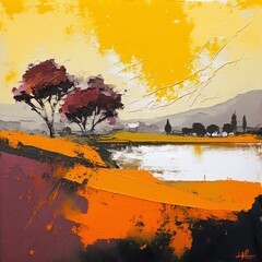 A minimalist oil landscape in shades of orange with a thick texture of paint. Image generative by AI.