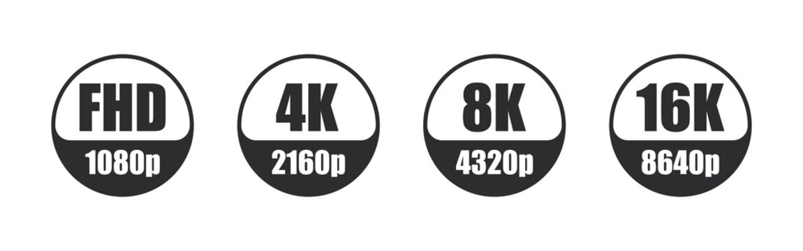 4K Ultra HD labels. Video or screen resolution icons. Full HD, 4k ultra HD, 8k 16k screen resolution icons. Vector badges