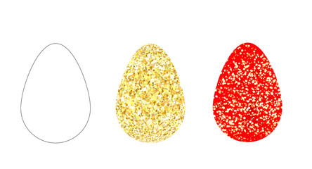Hand-drawn eggs. Gold and red glitter eggs. Holiday decoration for easter holiday