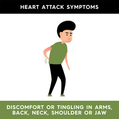 Vector illustration of a man slightly bent over from back pain. The person has symptoms of a heart attack. Tingling in the arms, back, neck, shoulder, or jaw. Illustration for medical articles, poster