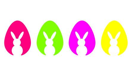 White bunny silhouettes and neon colored eggs. Vector flat illustration. Holiday banner, flyer or greeting voucher, brochure design template layout. Vector illustration