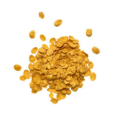 Handful of corn flakes isolated on white background. Copy space, top view.
