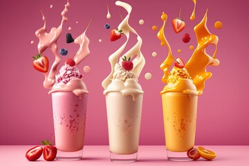 creamy strawberry mango and vanilla shakes, delicious drinks for summer - obrazy, fototapety, plakaty
