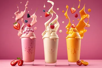 Fotobehang creamy strawberry mango and vanilla shakes, delicious drinks for summer © dianaorozco