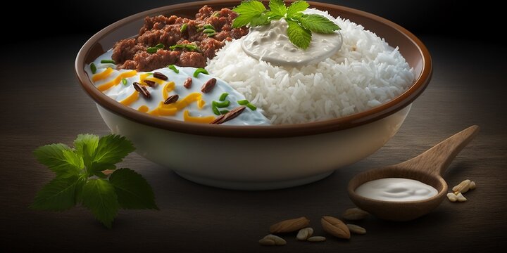 Delicious Basmati Reis mit Rindfleisch frischem Gem&uuml;se Nahaufnahme, ai generativ