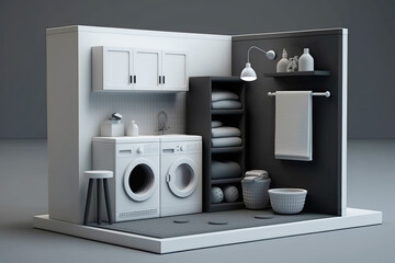 Isometric 3D model CG of Laundry room, Generative AI